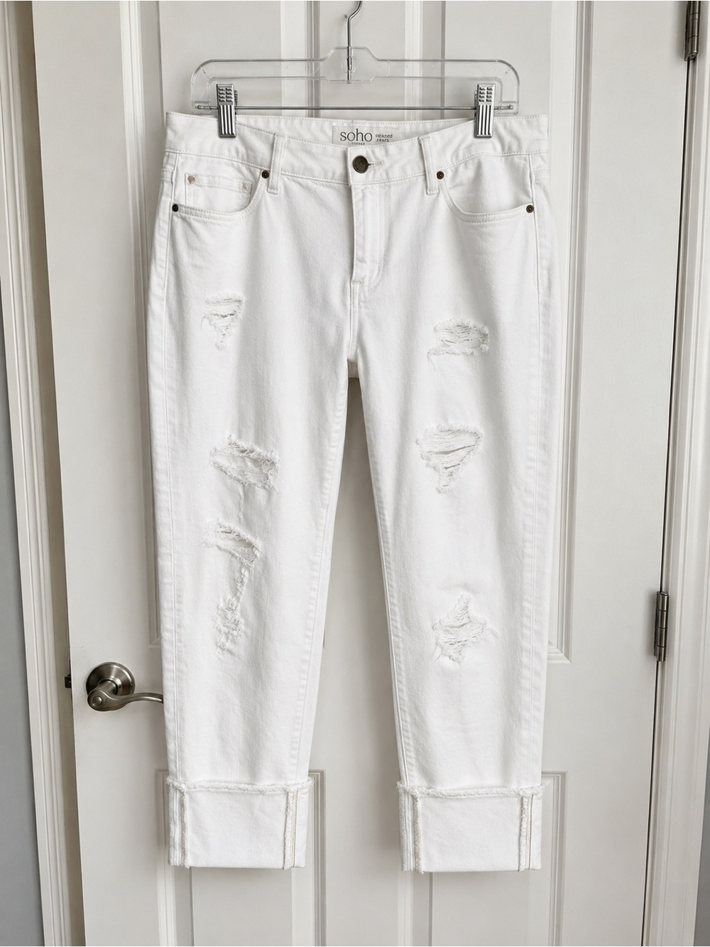 New York & Company White Distressed Cuffed Boyfriend Jeans